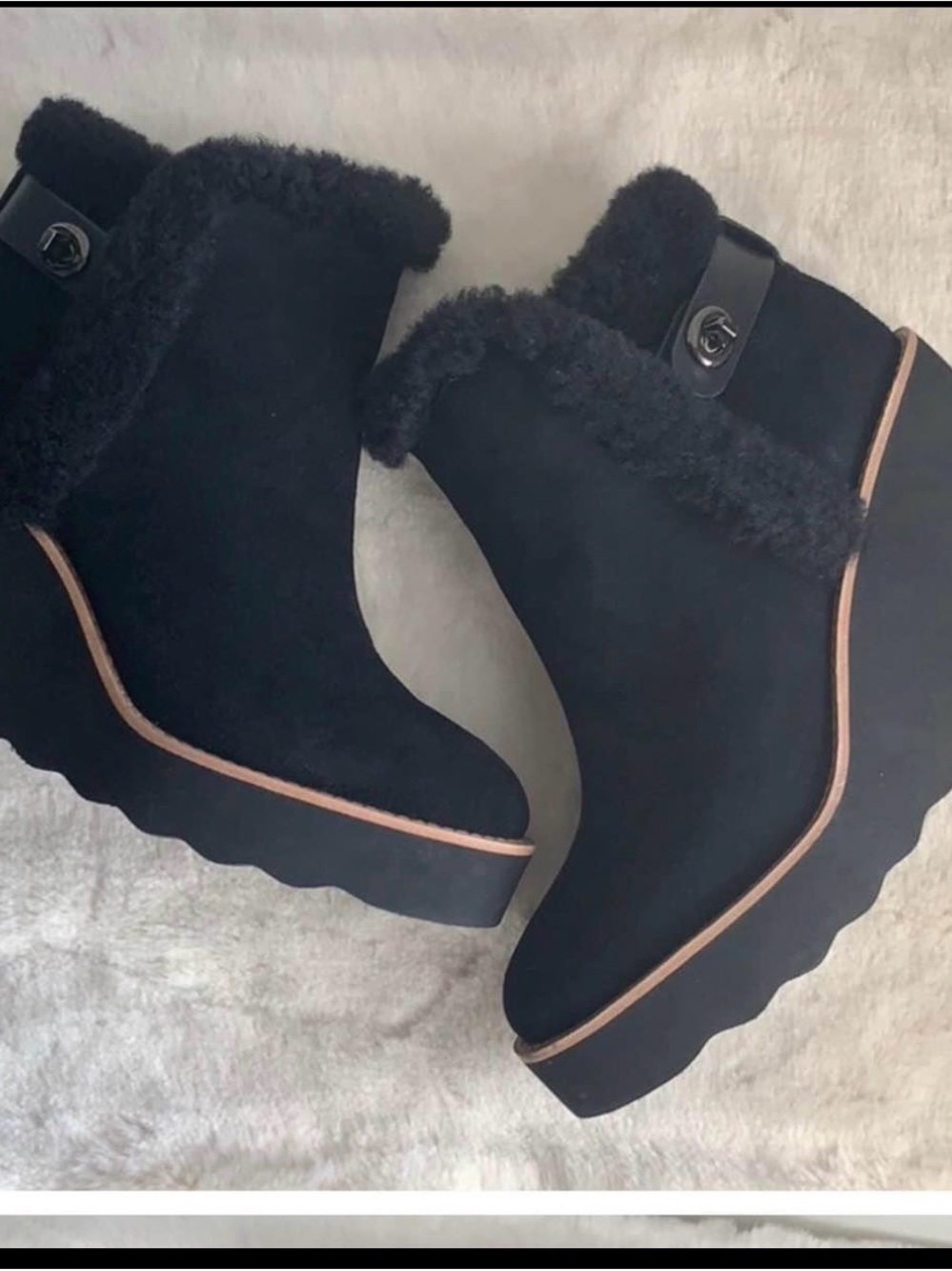 Coach Black Faux-Shearling Wedge Ankle Boots - Picture 2 of 3
